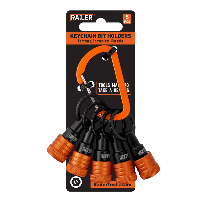 Railer Bit Holder Keychain 5pc - 1/4 inch Hex Shank Bit Holders - Quick Release Bit Holder For Nut Driver, Screwdriver & Drill Bits w/Key Chain Carabiner Orange - NewNest Australia