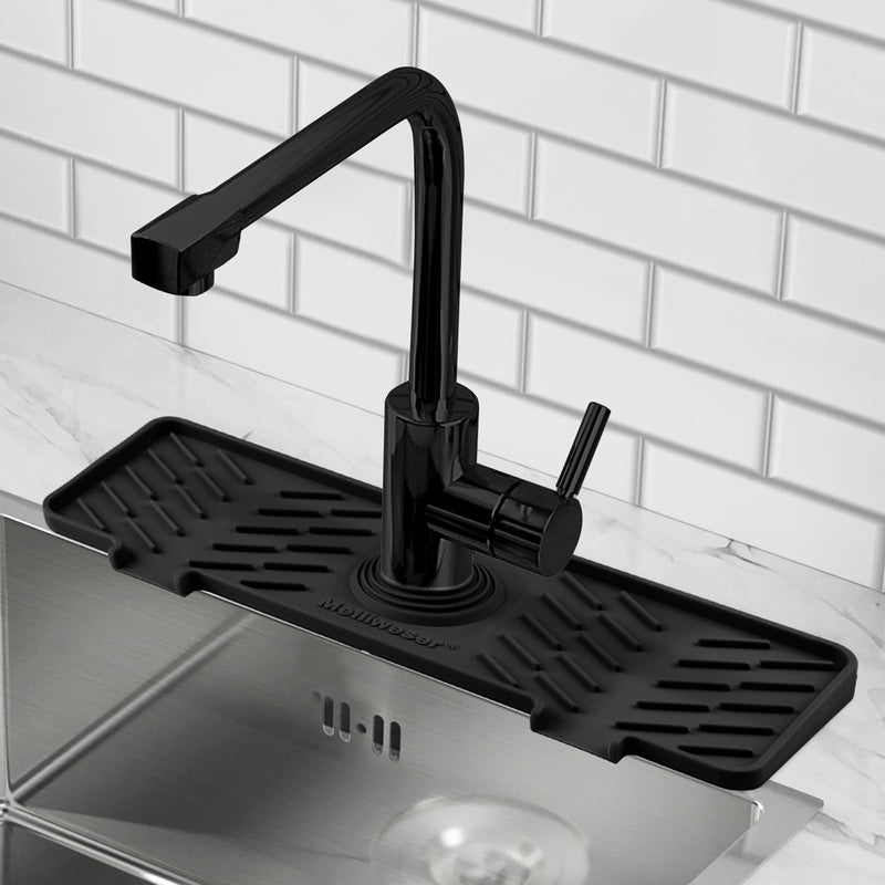 Meiliweser Silicone Faucet Splash Guard Gen 3-10° Large Slope & Adaptable Hole Faucet Handle Drip Catcher Tray - 14” x 5.5” Kitchen Sink Accessories for Kitchen, Bathroom(Black) 14in x 5.5in Black