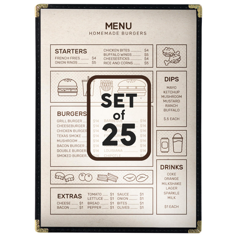25 Restaurant Menu Covers 8.5'' x 11'', Single Pocket Menu Holder with Golden Corners