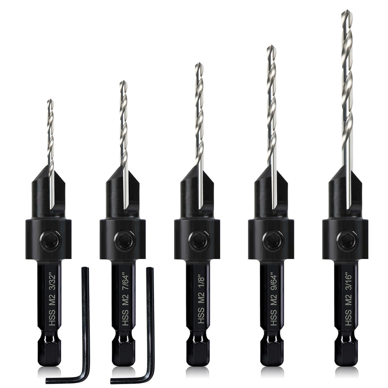 5-pc Woodworking Countersink Counterbore Drill Bit Set 3in1 for #6 8 10 12 16 Screws, M2 Pilot Drill Bits Adjustable Depth, 82-Degree Chamfer with Stop, 1/4” Hex Shank, Includes 2 Allen Wrenches 5Pack Countersink Drill Bits