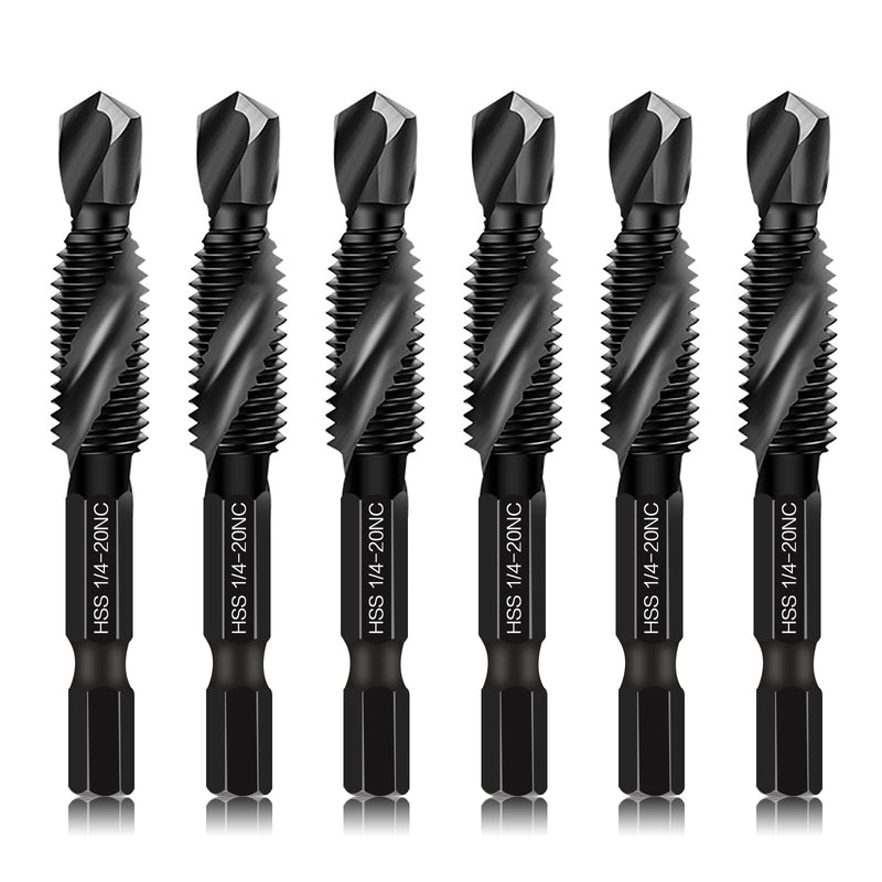 6-Piece 1/4-20NC Combination Drill Tap Bit Set SAE, Made of High-Speed Steel with Anti-Rust Blackened Coating, Ideal for Soft Metal, Wood & Plastic, 1/4” UNC-20 Thread Size, 1/4” Hex Shank