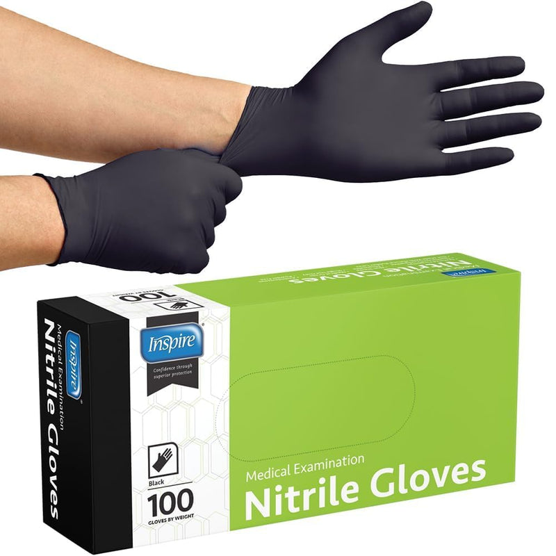 Inspire Black Nitrile Disposable Gloves | 4.5 Nitrile Disposable Safety Medical Cooking Cleaning Disposable Black Gloves|Large, 100 Count Large Black - Box of 100