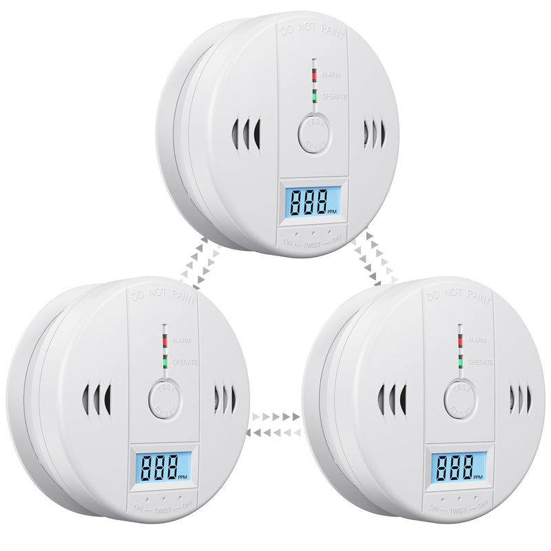 Carbon Monoxide Detectors Battery Powered, Carbon Monoxide Alarm with LED Digital Display, CO Alarm with Human Alarm Sounds and Test Button for Home Kitchen Restaurant Hotel Office(3 Pack) 3 Pack
