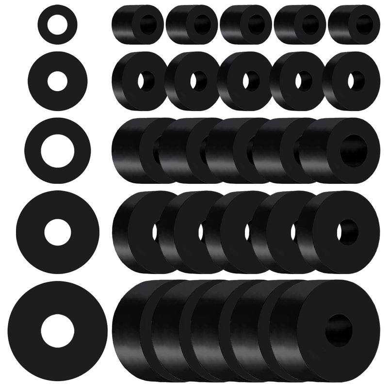 30 PCS Rubber Spacer 5 Sizes Black Non-Slip Thick Grommets Vibration Isolation Round Rubber Flat Washers Rubber Bushings Spacers Washers for Home and Car Accessories Different size