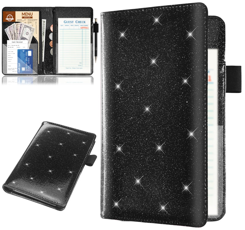 Server Books with 2 Zipper Pouch for Waitress, Waitress/Waiter Book Organizer, Guest Check Leather Book Holder Money Pocket Restaurant Waitstaff Organizer Leopard Pattern (Glitter black) Glitter black