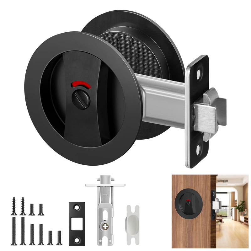 Matte Black Pocket Door Hardware with Indicator, Contemporary Privacy Round Pocket Door Lock, Heavy Duty Flush Pocket Door Hardware for Bathroom, 2-3/8" Backset, Matte Black Privacy with Indicator