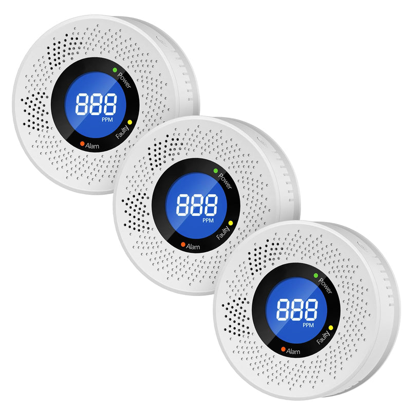 3 Packs Carbon Monoxide Detectors, Replaceable Battery Operated Household CO Detector Alarm, with Digital Display for Warehouse Kitchen Restaurant Hotel Office Garage 3-pack
