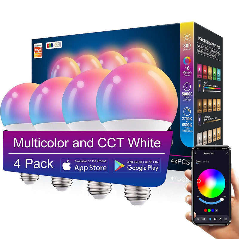 4 Pack Smart Light Bulbs,WiFi & Bluetooth LED Light Bulb That Works with Alexa & Google Home, Color Changing Light Bulb, 10W A19 E26 2.4Ghz WiFi Light Bulbs 60 watt Equivalent, 800lm Dimmable 4 Pack Wifi&bluetooth