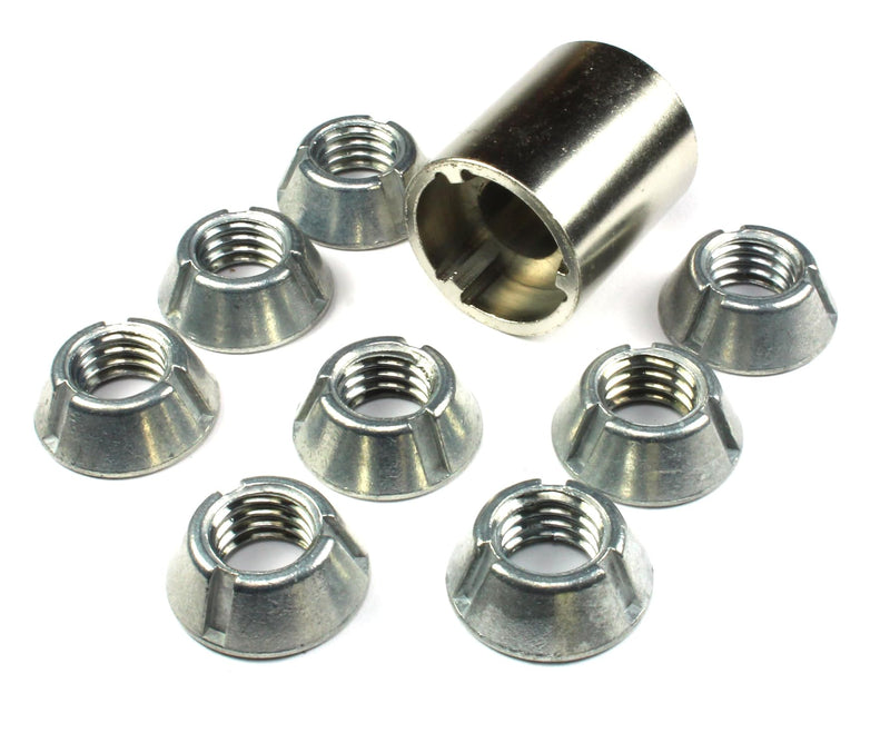 Installation Tool + 8pc 3/8-16 Tri-Groove Tamper Proof Security Nuts Zamak5, #30, 430, LPF430, Trident, T-Groove, Carbon Steel Socket