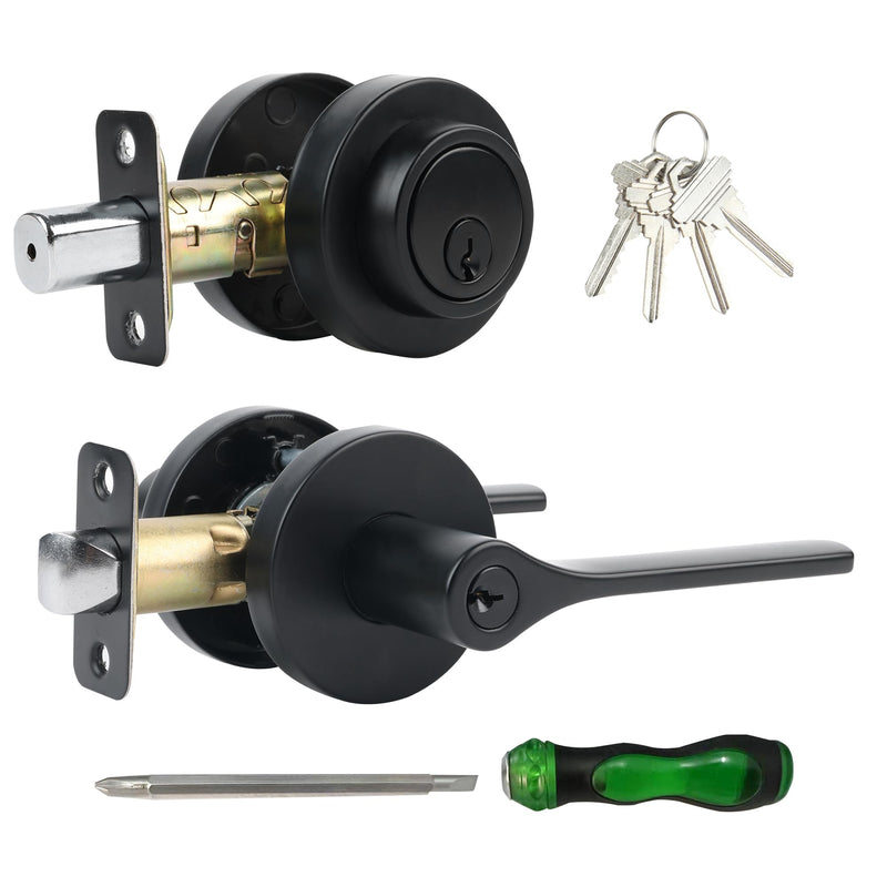 Exterior Door Lock Set,Combo Lock-Heavy Duty Black Door Handle and Single Cylinder Deadbolt Lock,Front Door Lock Set,Keyed Alike Door Locks for Front Door(Matte Black,1Pack Set) 1 Pack Matte Black