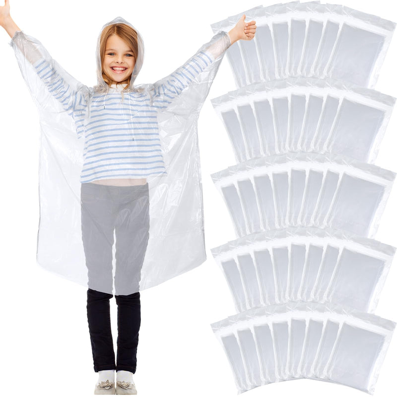 Berlune 40 Pcs Kid Ponchos Bulk Disposable Kids Rain Ponchos Bulk Emergency Raincoat with Drawstring Hood and Elastic Sleeves One Size Clear