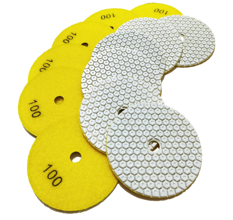 4 Inch New Model Dry Diamond Polishing Pads Grit 100, 1 Box of 6 Piece Dry/Wet Marble Buffing Pad for Granite Quartz Concrete Stones(Need Water for Hard Tile) 4 Inch Yellow,100