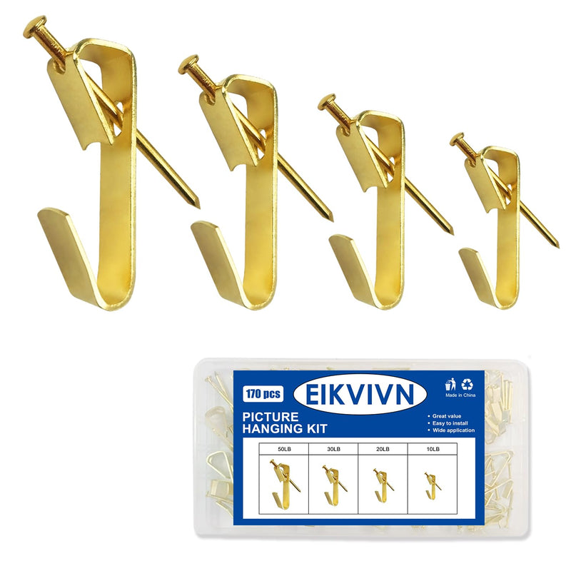170Pcs Picture Hangers, Eivikin Picture Hanging Kit Holds 10-50lbs, Picture Hooks with Nails, On Dry Wall, Wooden Wall Gold：10-50lbs