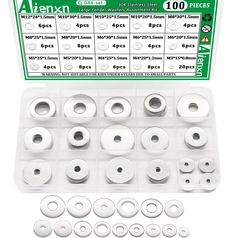 100PCS 304 Stainless Steel Fender Washer Assortment Kit, Washers for Bolts, 15 Metric Sizes Fender Washers for Screws -M3, M4, M5, M6, M8, M10, M12 for Home & Industrial Usage M3-M12 (100PCS)