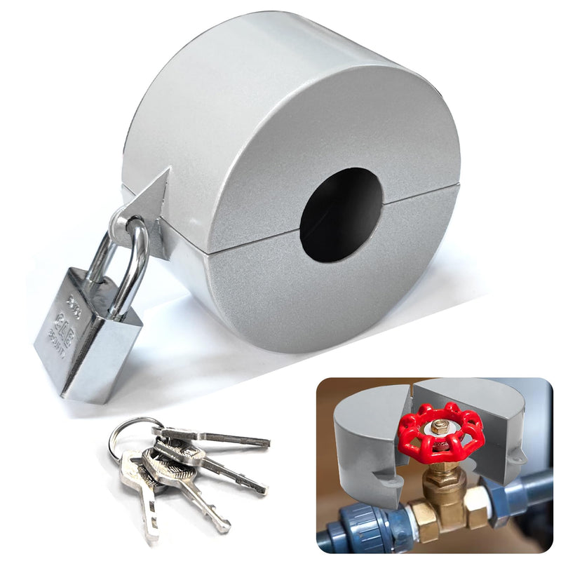 Gate Valve Locking Device with Lock - Outdoor Faucet Lock, Water Spigot Lock, for 1-1/2 to 3 in Dia Valve Handles, Prevent Water Theft, Unauthorized Water Use (Silver) Silver Metal