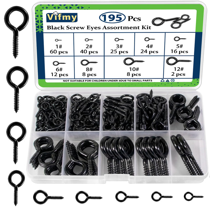 Screw Eyes Assortment Kit(195Pcs),0.75" 0.78" 0.90" 1" 1.1" 1.18" 1.39" 1.57" 1.75" Zinc Plated Eyelet Screws, Metal Small Tapping Screw Hooks Ring, Black Zinc Plated, 195pcs
