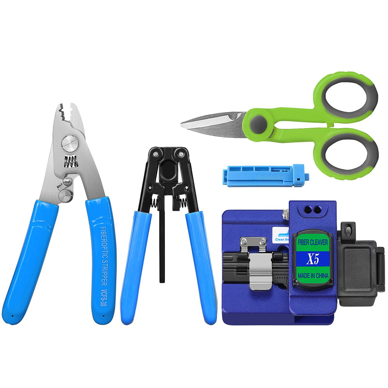 Fiber Termination Tool Kit, X5 Fiber Cleaver 5-in-1 FTTH Fiber Tool Set | 3-Hole Wire Stripper & Leather Cable Stripper, Portable Fiber Optic Cutting Tools, for Network Wiring, Fusion Installation BAOSHLA 5-Piece Fiber Optic Termination Tool Set