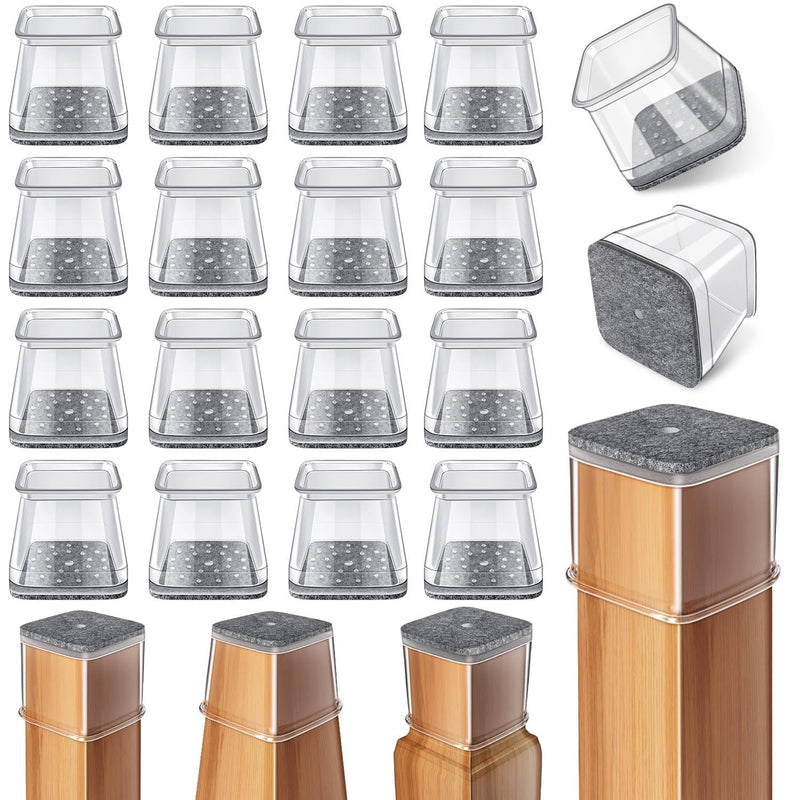 24 Pcs Chair Leg Floor Protectors Square, Silicone Felt Furniture Leg Pads Caps Covers for Hardwood Floors (Fit:1-1/16" to 1-5/8") Large-Clear