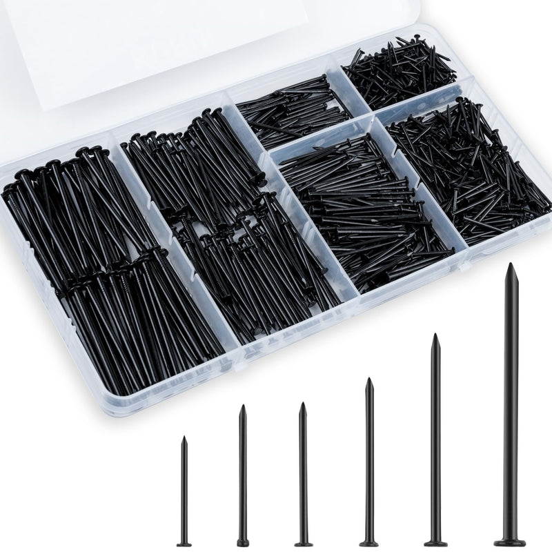KURUI Hardware Nails for Hanging Pictures Assorted Kit,700pc Black Picture Hangers for Photo Frame Art Canvas, 6 Sizes Small Finish Nails Assortment Kit,640 Frame Nails and 60 Wall Finishing Nails 700Pcs Black Nails