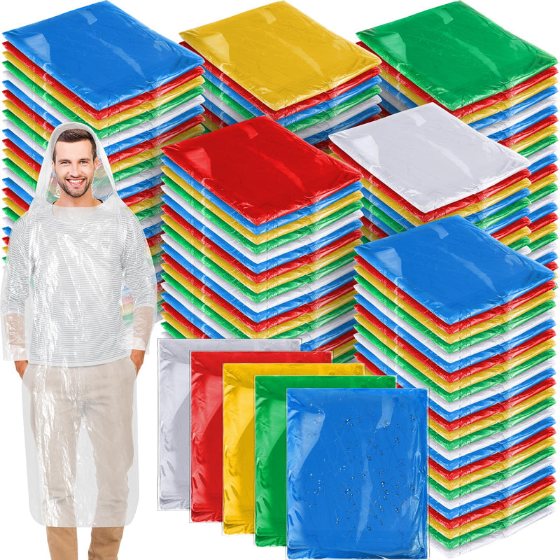 Handepo 150 Pack of Adult Rain Ponchos with Hood, Disposable Rain Ponchos, Plastic Raincoat Poncho for Adult Multicolor