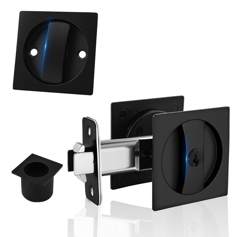 Pocket Door Hardware Matte Black Pocket Door Lock with Keys Contemporary Flush Pocket Door Latch and Edge Pull for Bed/Bath/Kitchen/Barn Door (2-3/8" Backset, for 1 3/8" to 2 3/16" Thickness Door) Square60