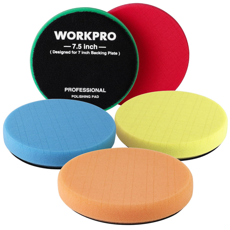 WORKPRO 7.5 Inch Buffing Sponge Pads, 5Pcs 7.5 Inch Face for 7 Inch Backing Plate, Cutting Polishing Pad Kit for Car Buffer Polisher Compounding, Polishing and Waxing 7.5×7.5×1.2inch
