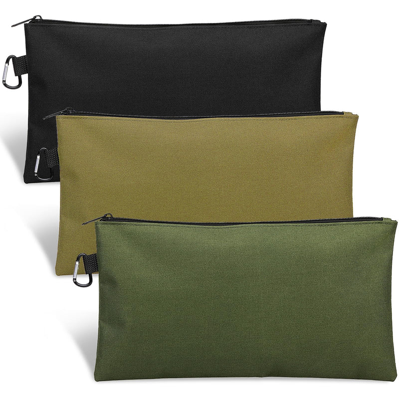 Tool Bag Zipper Pouch, Premium Tool Pouch, Utility Multipurpose Storage Organizer Tool Pouches with Carabiner Metal Zipper for Tools 3 Pack, Tan, Navy Green, Black