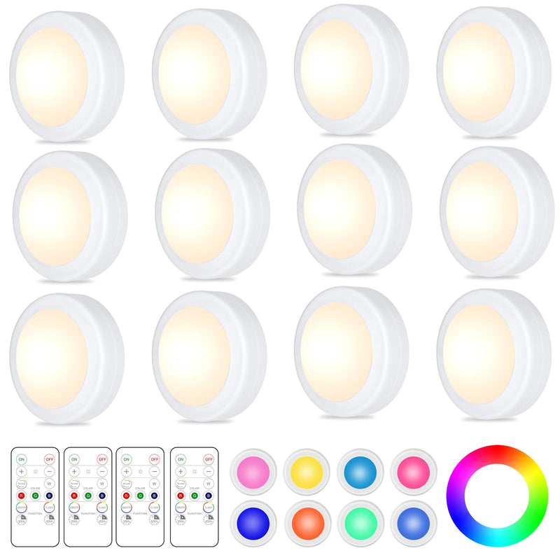 Yiliaw 12 Pack LED Puck Lights Remote Control 16 Color Changeable Under Cabinet Lights, Battery Operated Lights Night Light with Dimmer & Timmer for Closet Bedroom Kitchen, White 12 Packs