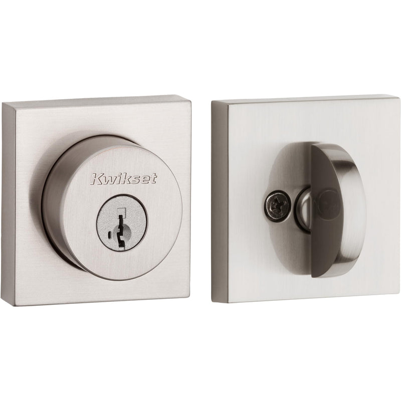 Kwikset Halifax Deadbolt Lock, Satin Nickel Square Exterior Keyed Front Entry Door, Pick Resistant SmartKey Rekey Security, Single Cylinder Dead Bolt, with Microban Protection