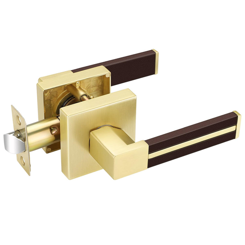 EHOMEWARE 1 Pack Gold Door Lever with Bronze Leather Handle, Brass Interior Door Handle Passage Door Lever for Hallway Closet, Heavy Duty Door Knob with Universal Handling Passage Door Handle - No Key