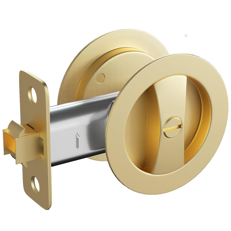 goldenwarm Brushed Nickel Round Pocket Door Lock, Pocket Door Hardware for 2-1/8'' Round Bore Hole, Pocket Door Handles Fit 1-1/4'' to 2'' Thickness Sliding Door 2-3/8'' Latch 1 Pack Classic 1 Pack Brushed Gold