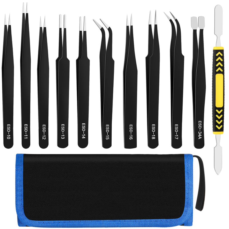 11 PCS Precision Tweezers Set, ESD Tweezers Set, Premium Craft Tweezers Kit, Anti-Static Stainless Steel Tweezers with Tweezer Storage Bag for Lab, Electronics, Jewelry, Laboratory Work, DIY