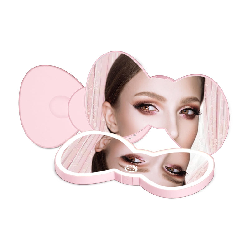 Impressions Vanity Hello Kitty Bow LED Compact Mirror, Double Sided Cute Travel Makeup Mirror, Soft Touch Button with Slide Down Auto Shut Off (Large) 4"L x 8"W