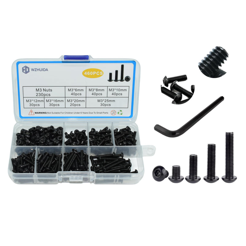 460Pcs M3*6/8/10/12/16/20/25mm, Button Head Socket Cap M3 Screws Bolts and Nuts Assortment Kit with 1 Hex Wrench, Black Zinc Plated, 8.8 Grade Alloy Steel M3 460Pcs 6mm-25mm
