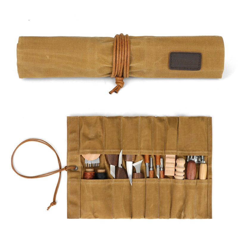 Canvas Tools Roll Compact Bag Knife Pliers Organizer Carrier Case -15 Slots | Varying Pocket Size to Storage Wrenches Screwdrivers, Waxed Cord Closure, Cutout Window,Ultralight & Ultra-Compact, for DIY