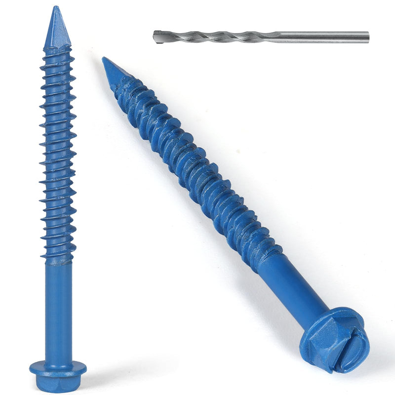 1/4 x 3-3/4 Inch 28Pcs Concrete Screws, Hex Head Screw Anchor with Drill Bit, for Masonry, Block, Brick, Cement, Stucco, Diamond Point 1/4x3-3/4 In Blue-Hex Head