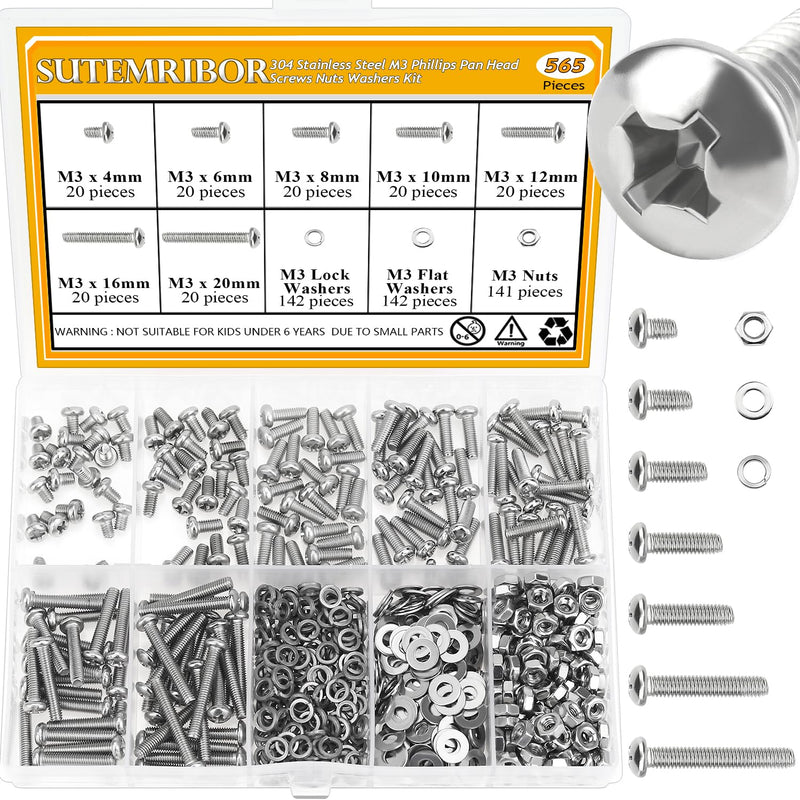565 Pieces M3 Machine Screws Nuts Washers Set, Sutemribor M3 x 4/6/8/10/12/16/20mm Phillips Pan Head Machine Screws Nuts Washers Assortment Kit, 304 Stainless Steel, Fully Threaded