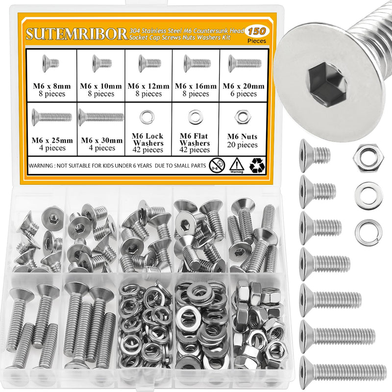 150 Pieces M6 Screws Nuts Washers Set, Sutemribor M6 x 8/10/12/16/20/25/30mm Countersunk Head Socket Cap Screws Nuts Washers Assortment Kit, 304 Stainless Steel, Fully Threaded