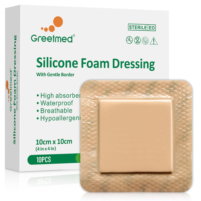 Silicone Foam Dressing 4x4 Inch with Border, 10 Pack Adhesive Large Waterproof Bandages for Wound, High Absorbency Big Foam Pad Bandaids, Medical Grade Wound Dressing 4 x 4 Inch(10pcs)