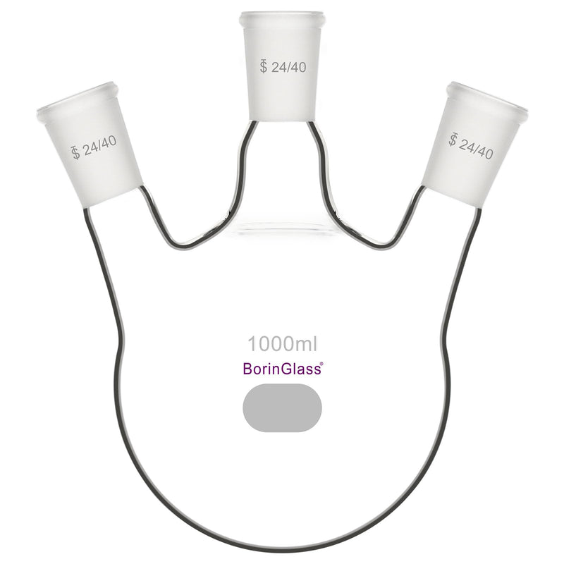 BorinGlass Three Necks Round Bottom Flask RBF, Glass 3-Neck Boiling Flask with 24/40 Standard Taper Outer Joint, 1000 ml