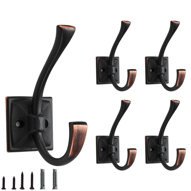 5 Pack Decorative Heavy Duty Towel Hooks for Hanging Robe Double Oil Rubbed Bronze Coat Hooks Wall Mounted with Screws for Key, Towel, Bags, Cup, Hat 5