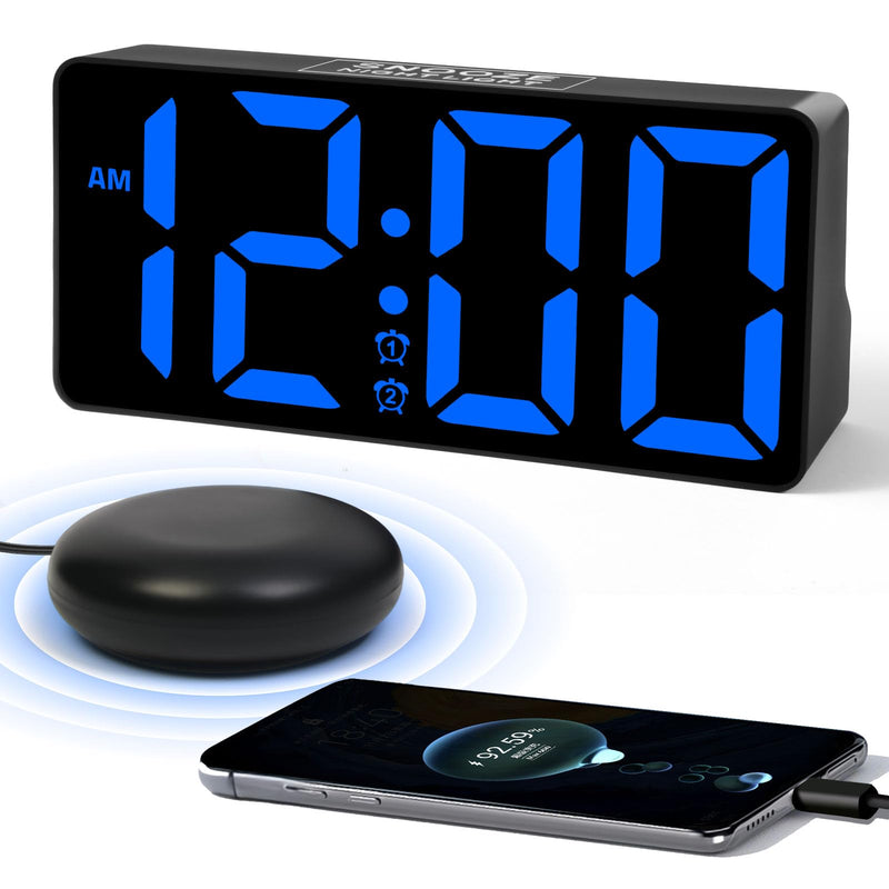 Alarm Clock for Bedroom Heavy Sleepers with Bed Shaker & Night Light-Vibrating Digital Clock Large Dimmable LED Digits with Dual Alarm & Charging Port Table Desk Clock for Hearing Impaired Seniors Blue Digit-black Case