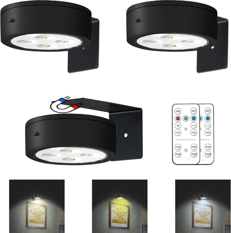 3Pcs Battery Operated Picture Light, Magnetic Painting Light with Remote, Dimmable Timer Art Display Light with 3 Light Modes for Dartboard Frame Picture Portrait,Wireless Wall Decor Puck Lights Black