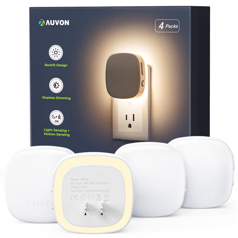 AUVON Plug-in LED Backlit Night Light with Motion Sensor & Dusk to Dawn Sensor, Dimmable Warm White Nightlight with 1-50 lm Adjustable Brightness for Bedroom, Bathroom, Stairs, Hallway (4 Pack) A Warm White