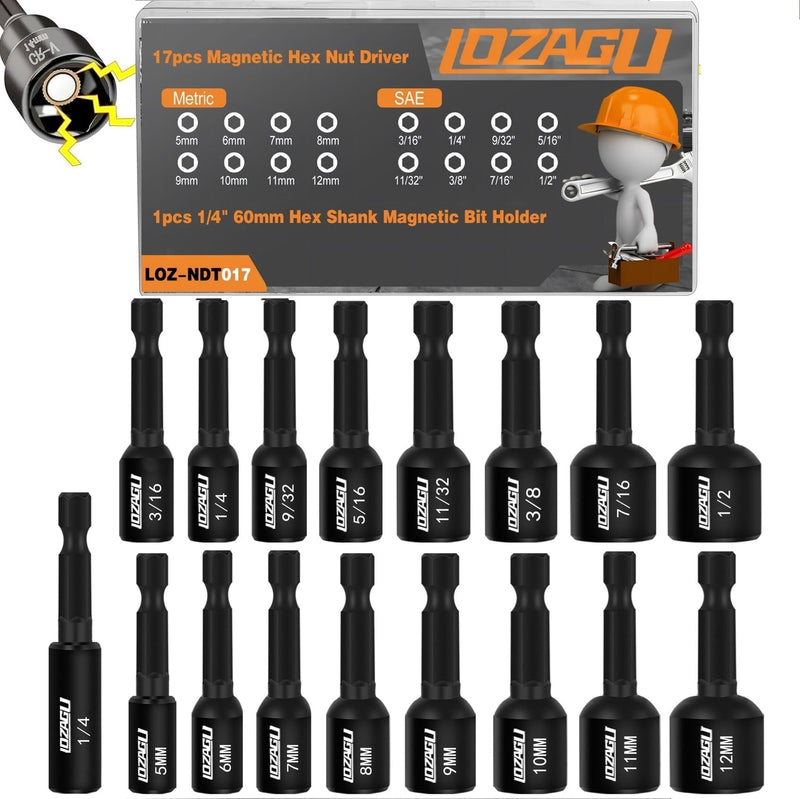17PCS Magnetic Nut Driver Set | SAE and Metric | Premium Impact Power Hex Nut Driver Drill Bit Master Kit | 1/4 Inch Hex Shank | Cr-V Steel (17PCS Magnetic Nut Driver (Short)) 17PCS Magnetic Nut Driver (Short)