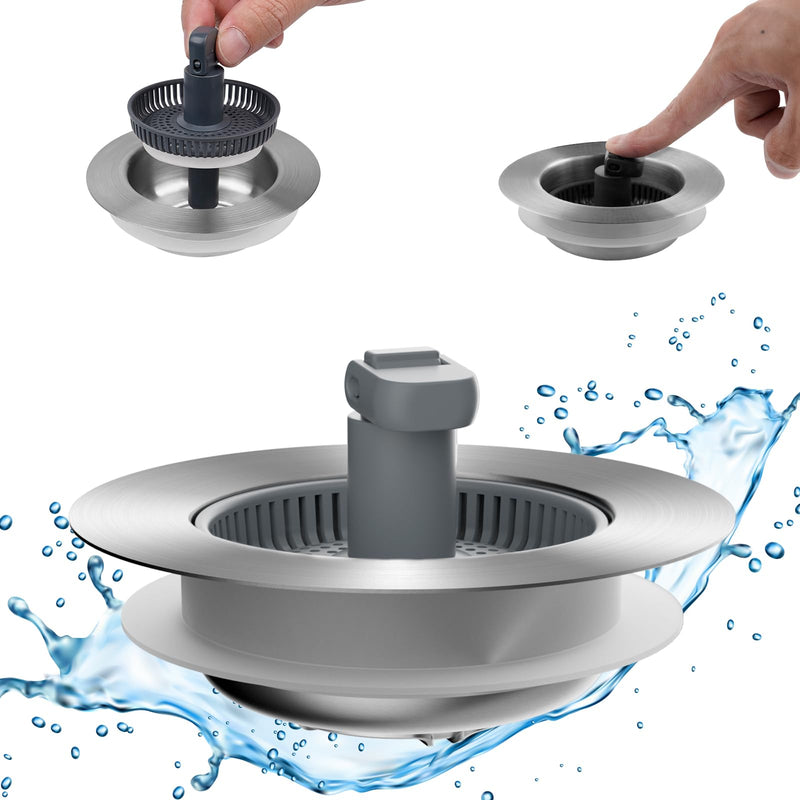 Hibbent Upgraded 3 in 1 Kitchen Sink Drain Strainer and Stopper Combo, Stainless Steel Metal Pop Up Sink Stopper, Anti-Clogging Basket with Foldable Handle for US Standard 3-1/2 Inch Drain Stainless Steel with 1 Strainer