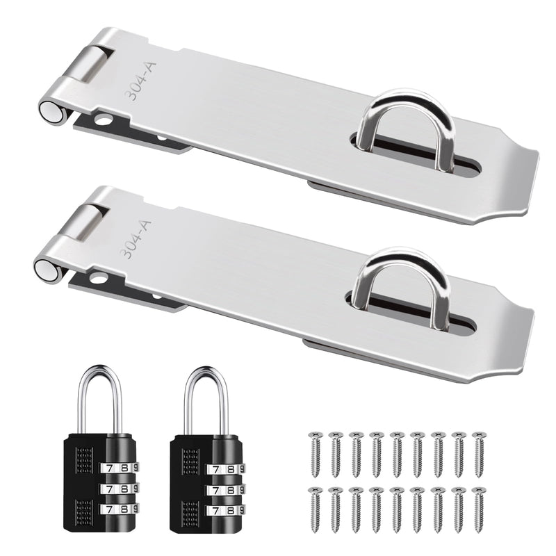 2Pcs Door Locks Hasp Latch,5 Inch 304 Stainless Steel Safety Packlock Clasp Hasp Lock Latch,Hinge Lock Padlock with Screws for Gates,Doors,Cabinets, Closets and More 5INCH with CODE LOCK