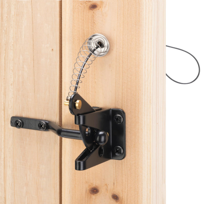 Self Locking Gate Latch for Wooden Fence Heavy Duty,Gravity Lever Fence Door Latches with Steel Spring Cable Pull String Gate Hardware Gate Lock for Outdoor Secure Pool,Garden,Black Finish 1 Pack