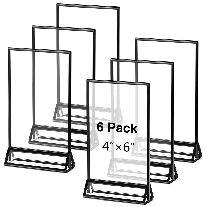 Zonon 6 Pack 4 x 6 Inch Clear Acrylic Sign Holder with Borders and Vertical Stand, Double Sided Table Menu Holders Picture Frames for Restaurant Signs, Valentine's Day Party Table Numbers