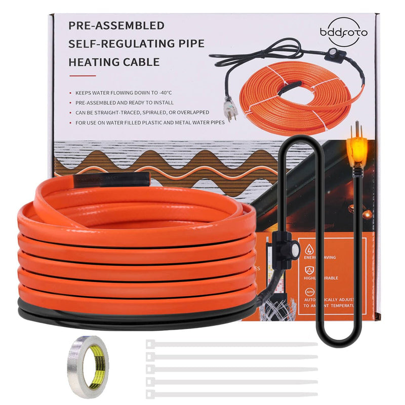 6FT Heat Tape for Water Pipes Freeze Protection 7W/FT 110V BDDFOTO Water Pipe Heat Cable With Thermostat Self-Regulating Pipe Heater for House Garden/RV Camper Orange 06FT